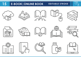 A set of line icons related to E-book or Online Books. Books, digital, download, cloud, worldwide, library, and so on. Vector editable stroke.