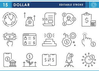 A set of line icons related to Dollar. Currency, USD, pay, buy, trade, transfer, statement, and so on. Vector editable stroke.