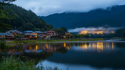 Fototapeta premium Twilight mountain village riverside reflection, misty hills