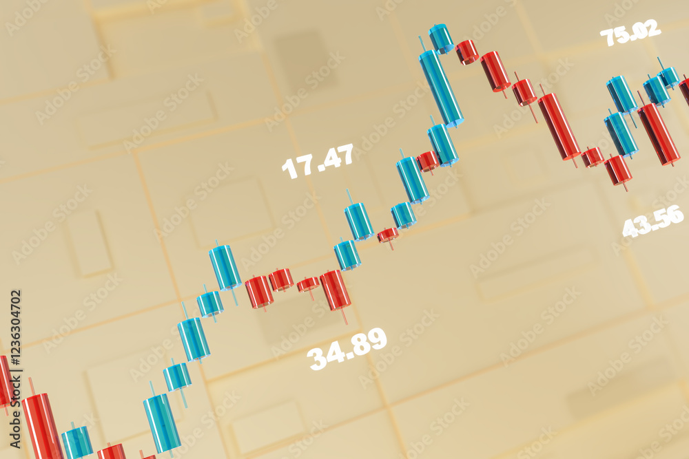 Aufkleber 3D rendering of financial candlestick chart with numbers on light yellow background. 3D Rendering