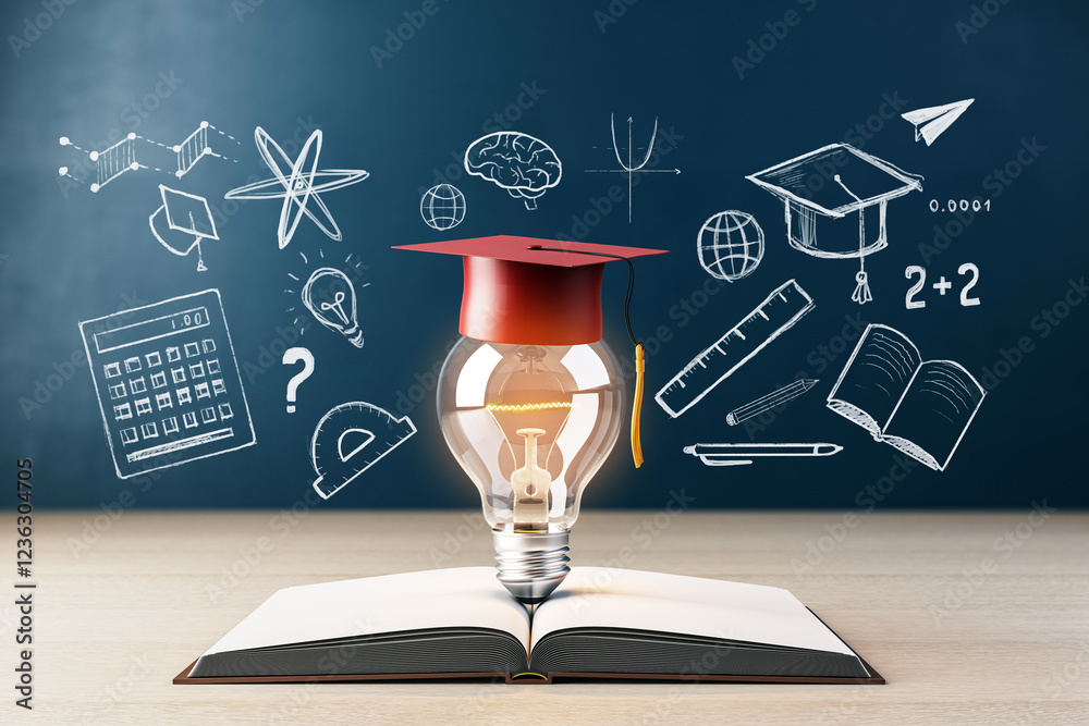 Poster Lightbulb with Graduation Cap on Open Book, Surrounded by Educational Sketches. 3D Rendering