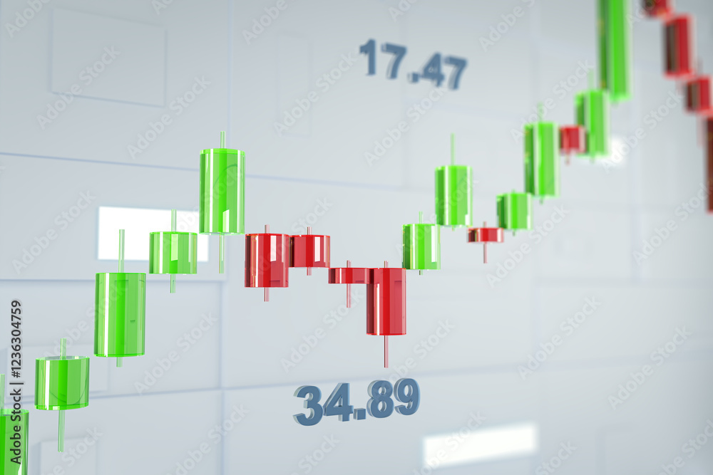 Poster 3D Rendering of colorful candlestick chart with green and red bars on light background showing financial market data concept. 3D Rendering