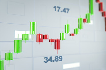 3D Rendering of colorful candlestick chart with green and red bars on light background showing financial market data concept. 3D Rendering