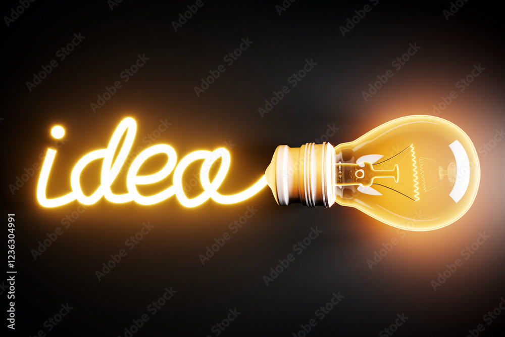 Poster Glowing Lightbulb with Idea Text on Dark Background. 3D Rendering