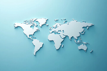 White world map cutout on a soft blue background, representing global geography with a modern minimalist design, perfect for concepts of travel or global connections.