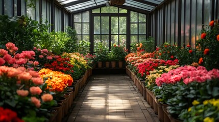A long hallway filled with potted plants of various colors