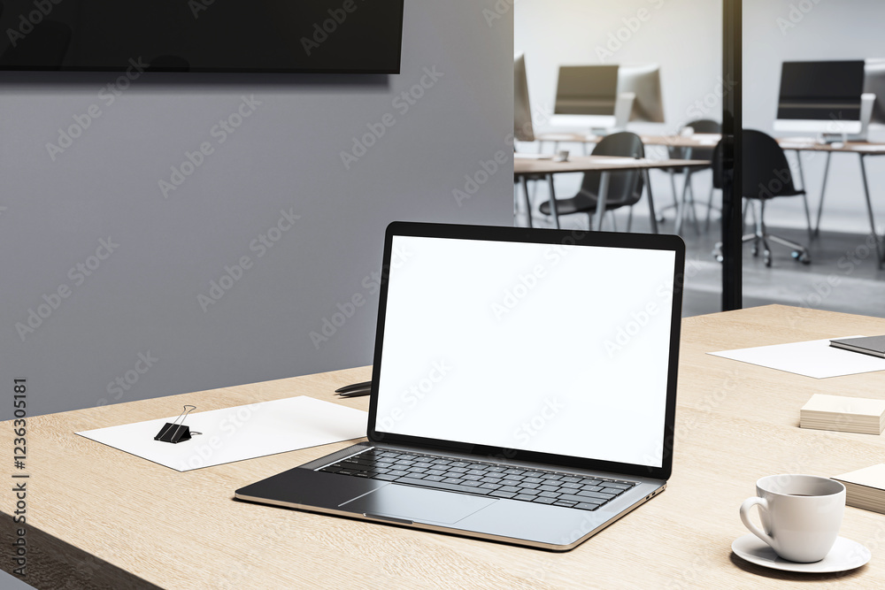 Poster laptop with blank screen on wooden desk in office setting. 3d rendering