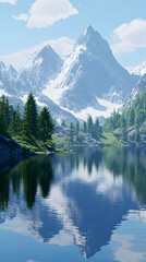 Fototapeta premium A tranquil mountain lake background reflecting the surrounding peaks, ideal for peaceful themes.