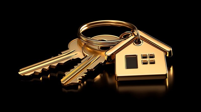 Golden house keys on black background; new home purchase concept