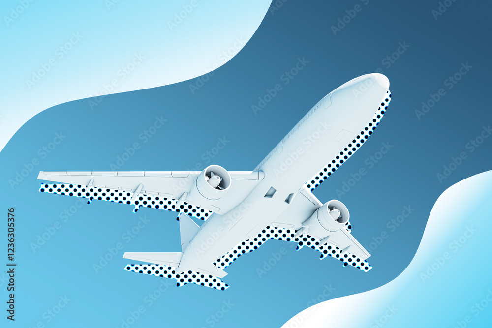 Poster airplane with abstract wing design on gradient blue background. 3d rendering