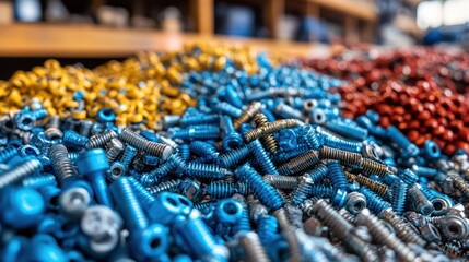 Colorful bolts piled high in hardware store