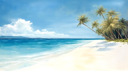 Painting of a sunny tropical beach with palm trees leaning over white sand and turquoise sea, creating a serene and idyllic scene, perfect for conveying concepts of travel, relaxation, and summer