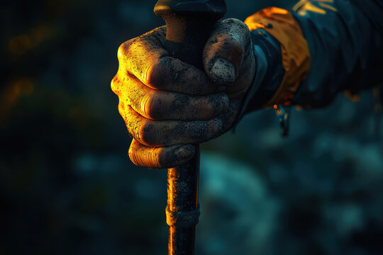 Hand gripping a hiking pole reveals the texture of adventure in natural light during an outdoor trek - Powered by Adobe