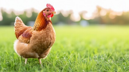 A chicken is standing in a field of grass