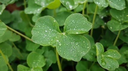 Close-Up of Green Leaves with Rain Droplets Glistening Brightly