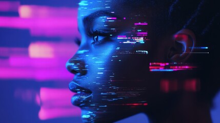 Futuristic digital portrait of a woman with glowing glitch effects and vibrant colors