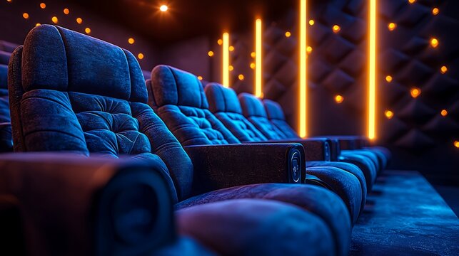 Luxury cinema seats, vibrant lighting, movie theater interior, entertainment