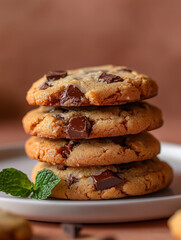 Stack of chocolate chip cookies on a white plate.