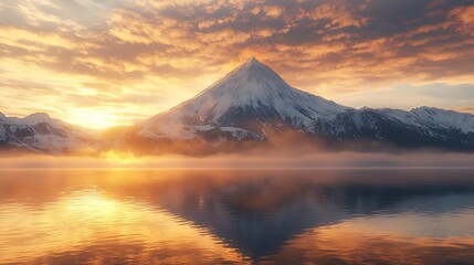 Fototapeta premium Majestic snow-capped mountain sunrise reflection lake