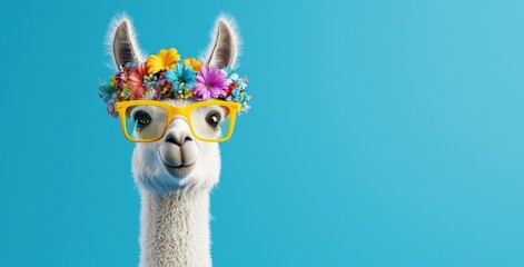 Cute llama wearing large yellow glasses and a flower crown against a bright blue background, evoking joy and playfulness in a vibrant and seasonal setting