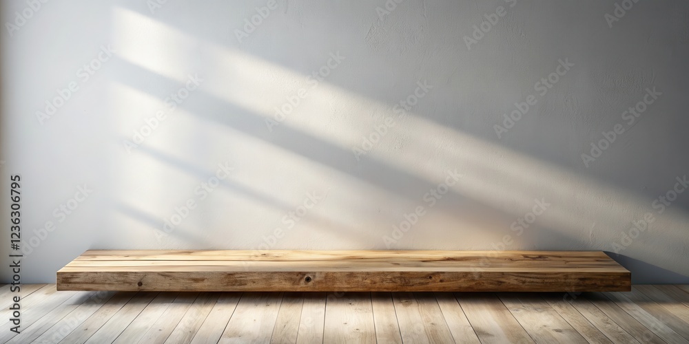 Poster rustic wooden shelf with natural light streaming through a window casting warm shadows on a light gr