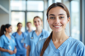 group, healthcare, professionals, hospital, woman, blue