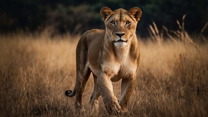 Naklejka premium Majestic Lioness Walking in Savannah Grassland