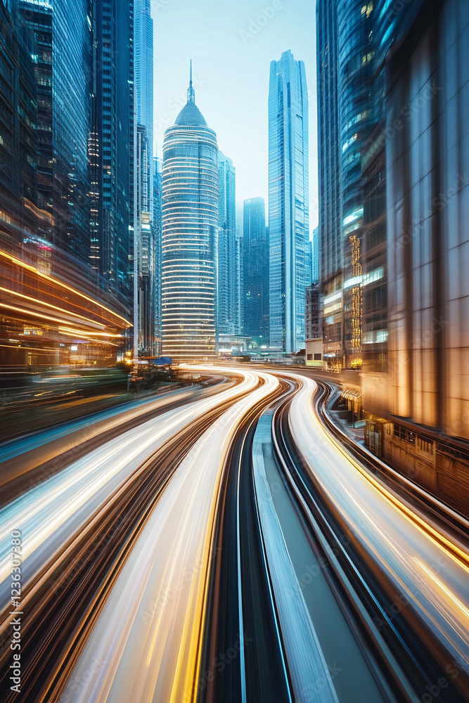 Aufkleber a fast-moving scene through a futuristic city with light trails on the highway and towering building