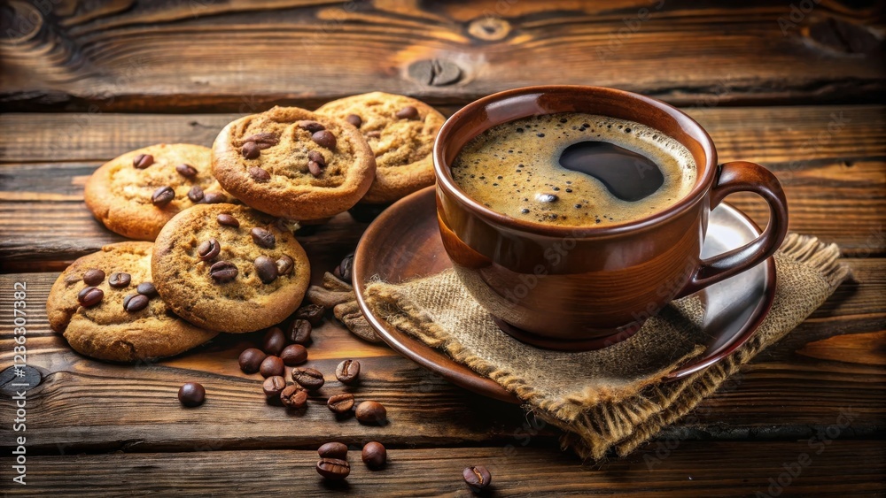 Poster Aromatic Coffee with a Side of Sweet and Nutty Cookies on a Rustic Wooden Table