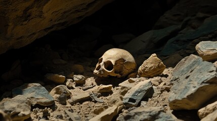 Obraz premium Cave Skull Discovery Sunlit rocks, ancient burial