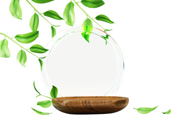 3d wooden product podium display with glass circle arch, green tree branches and leaves isolated on...