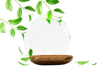 3d wooden product podium display with glass circle arch, green tree branches and leaves isolated on transparent background render. Wood pedestal platform for natural herbal cosmetics. 3D illustration
