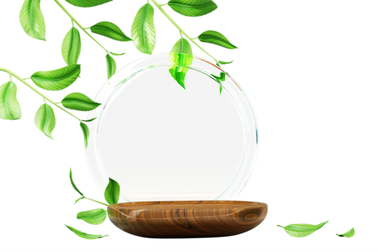 3d wooden product podium display with glass circle arch, green tree branches and leaves isolated on transparent background render. Wood pedestal platform for natural herbal cosmetics. 3D illustration