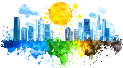 Obraz premium Vibrant city skyline watercolor art urban landscape digital illustration bright and colorful aerial view creative design