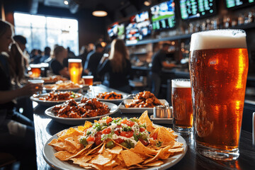 Energetic atmosphere at a vibrant sports bar with friends enjoying food and drinks together