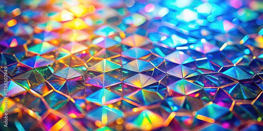 Leinwandbilder A mesmerizing pattern of iridescent hexagonal tiles, reflecting an array of vibrant colors and shimmering lights.