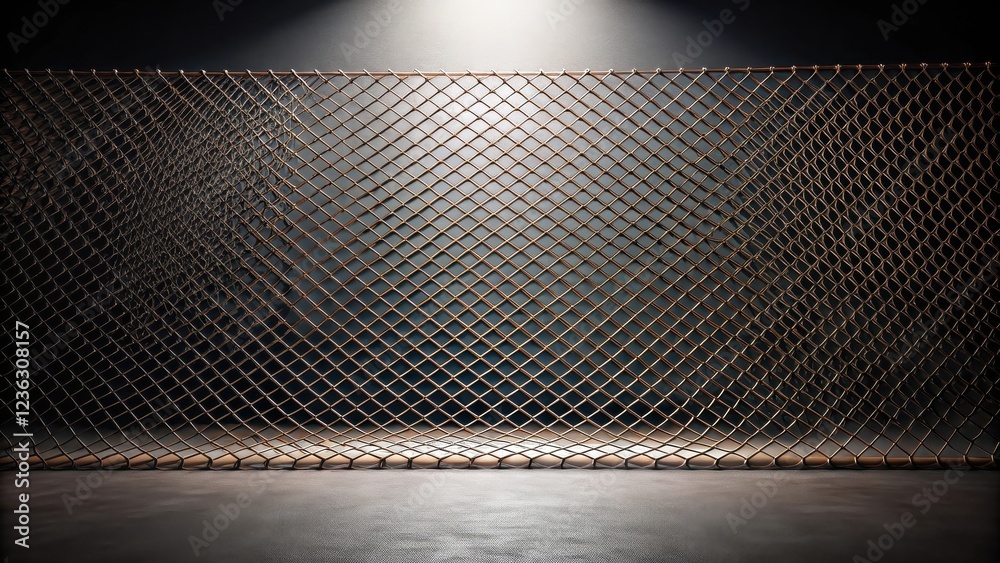 Poster a metallic chain link fence with a spotlight shining on it, creating a dramatic shadow on the floor.