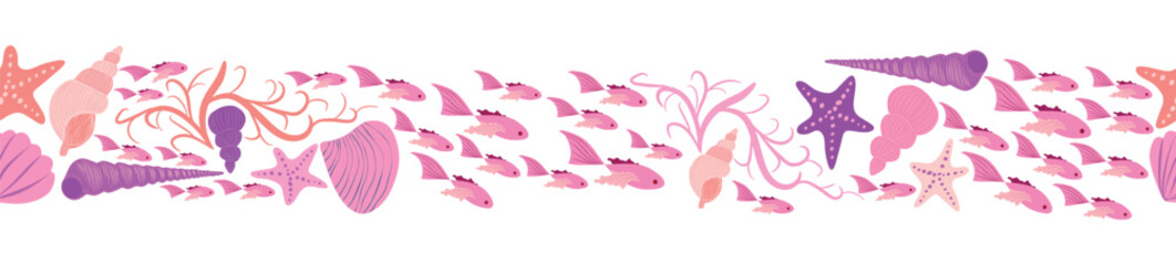 Seamless horizontal banner pattern with shells, bubbles, seaweed, fish, corals and starfish. Marine life on white background