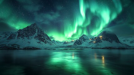 Naklejka premium Northern Lights over snowy mountains, reflecting in calm water, night sky
