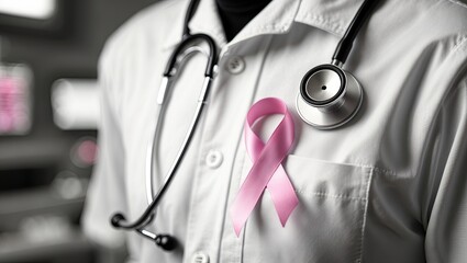 close-up of a white shirt with a pink ribbon pinned to it. The ribbon is a symbol of breast cancer awareness. On the left side of the image, there is a stethoscope resting on the shirt