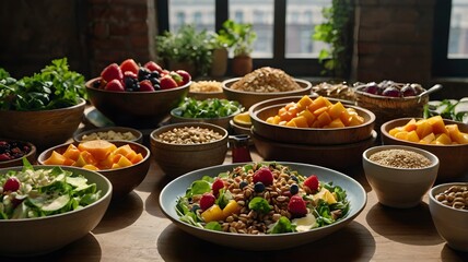 Fototapeta premium A vibrant table spread featuring an array of healthy foods, including salads, fruits, and whole grains, beautifully arranged to promote healthy eating in stunning 8K resolution.