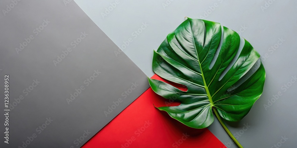 Poster a large tropical leaf in vibrant green resting on a geometric background of gray and red