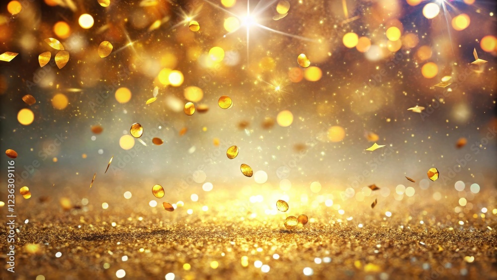 Poster golden confetti falling on a sparkling glitter surface with blurred lights in the background