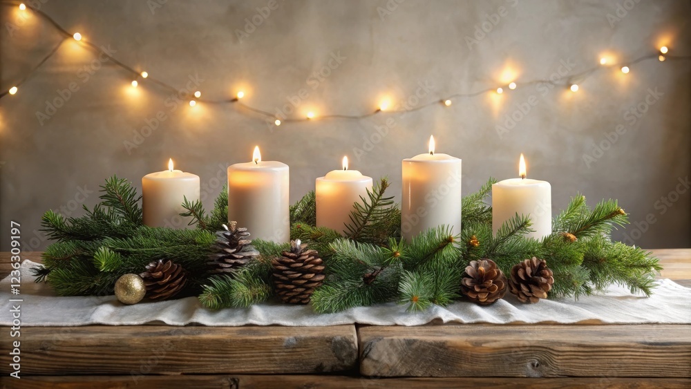 Poster a rustic holiday centerpiece featuring burning candles nestled in a bed of lush evergreen branches a