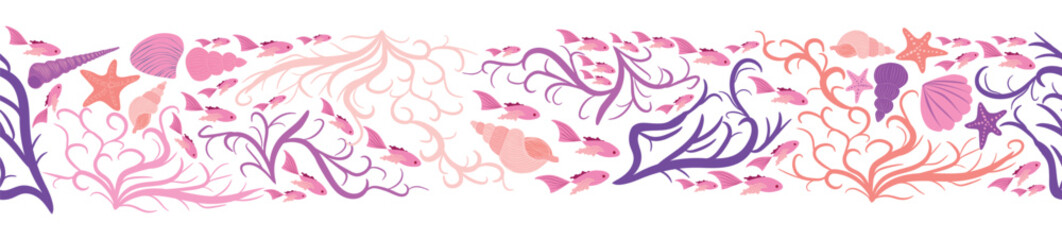 Seamless horizontal banner pattern with shells, bubbles, seaweed, fish, corals and starfish. Marine life on white background