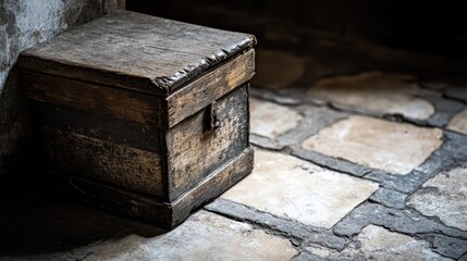 Antique wooden chest sits on stone floor, sunlit corner, old building interior, history