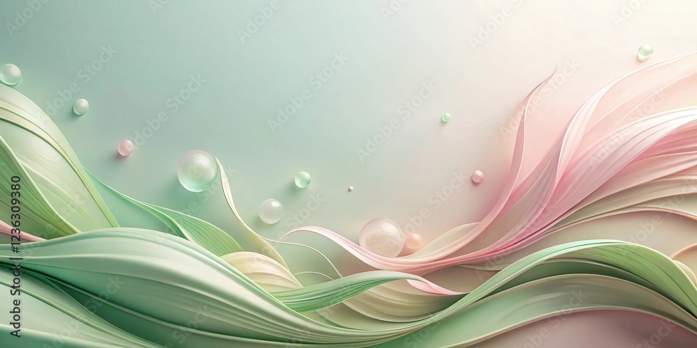 Poster abstract minimalist composition of curving lines and spheres in soft pastel hues