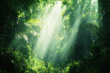Obraz premium Exploring a vibrant rainforest with sunlight streaming through lush vegetation in a serene environment