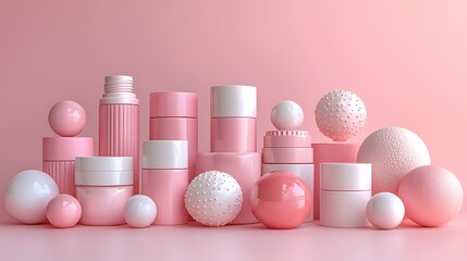 Pink cosmetic products display, pastel background, beauty, advertising