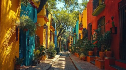 Fototapeta premium Colorful alleyway, Mexico City, vibrant houses, sunny day, travel